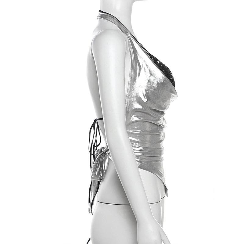 Halter metallic glitter cowl neck ruched 2 piece top  | Festival Outfits Women