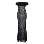 Lace off shoulder see through solid ruched maxi dress