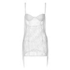 Tassels low cut see through lace solid backless cami mini dress