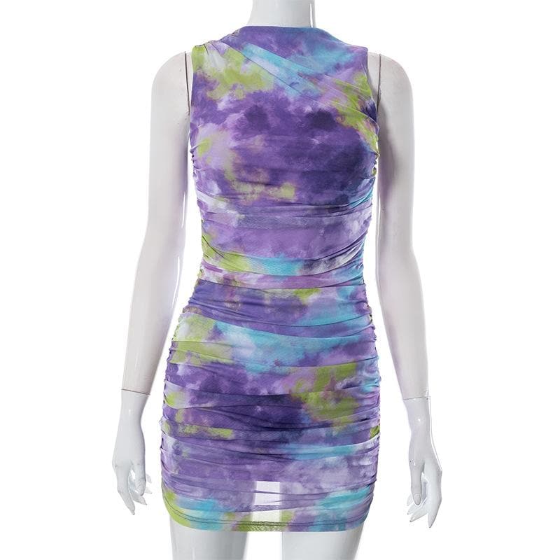 Ruched tie dye sleeveless crewneck mesh mini dress - Final Sale