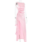 Ruched high slit satin round neck backless maxi dress  | Festival Outfits Women