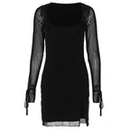 Long sleeve slit mesh square neck mini dress  | Festival Outfits Women