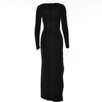 Long sleeve solid hollow out ruched slit knotted midi dress