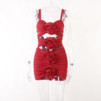 Solid ruched hollow out flower applique backless mini dress