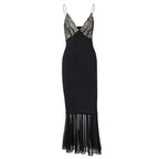 Lace patchwork contrast ruched v neck backless midi dress  | Festival Outfits Women