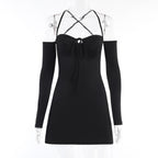 Lace up solid cross back off shoulder long sleeve mini dress
