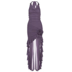 Halter cowl neck flower applique ruffle maxi dress  | Festival Outfits Women