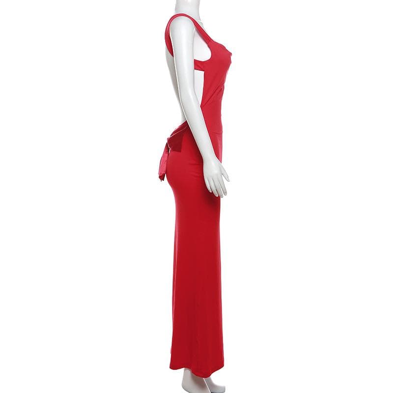 Cowl neck bowknot backless solid cami maxi dress  | Festival Outfits Women