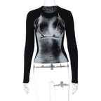 Long sleeve contrast body print crewneck top  | Festival Outfits Women
