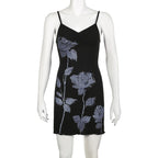 Rose pattern contrast v neck backless cami mini dress