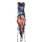 Ribbon sleeveless flower applique contrast print maxi dress