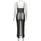 Sweetheart neck ruffle high slit sheer mesh cami midi dress  | Festival Outfits Women