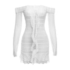 Lace see through off shoulder ruffle long sleeve solid mini dress