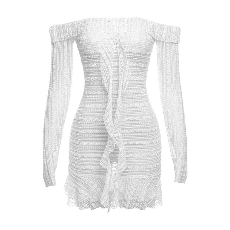 Lace see through off shoulder ruffle long sleeve solid mini dress