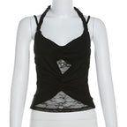 Halter ruched lace patchwork v neck cami top  | Festival Outfits Women
