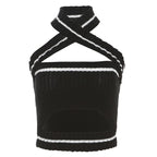 Knitted cross front halter contrast backless hollow out crop cut out top