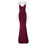 Ruched solid backless cross back v neck lace up maxi dress  | Festival Outfits Women