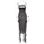 Lace ruffle slit backless ribbon contrast tube midi dress