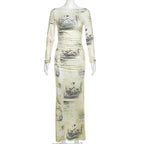 Contrast print ruched long sleeve maxi dress