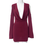 Long flared sleeve off shoulder cowl neck ruched solid mini dress  | Festival Outfits Women