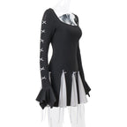 Long flared sleeve bowknot self tie u neck contrast patchwork mini dress