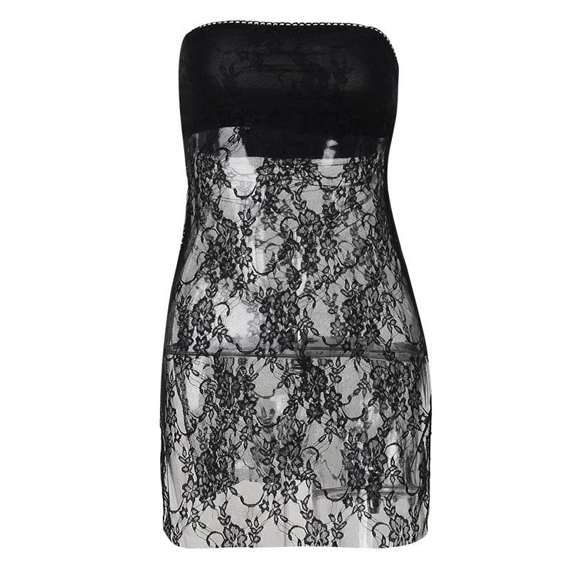 Lace see through solid slit backless tube dress - Final Sale