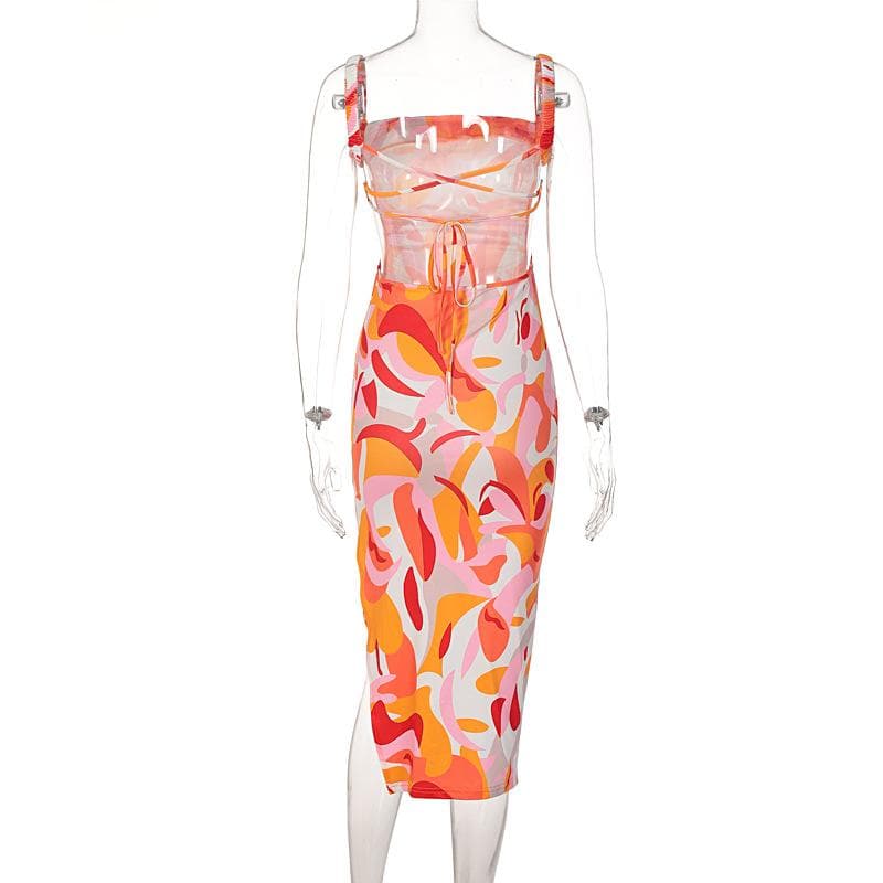 Sleeveless contrast print slit backless self tie hollow out midi dress