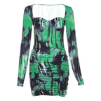 Ruched contrast print long sleeve sweetheart neck mini dress