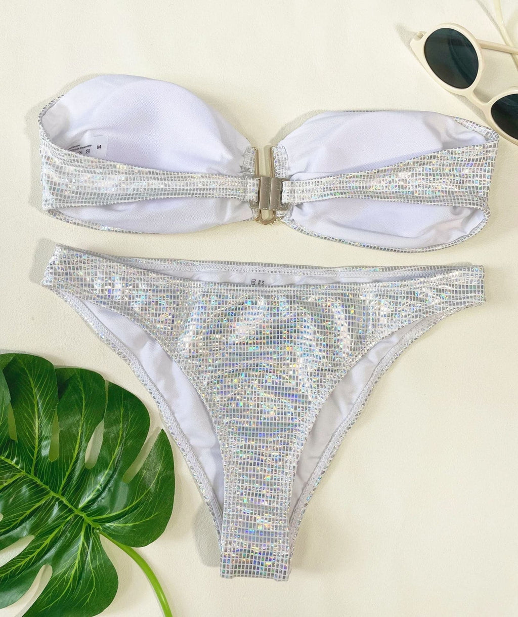 Contrast tube metallic padded bikini swimwear