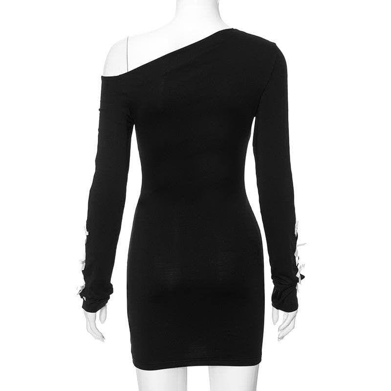 Long sleeve one shoulder irregular bowknot hollow out mini dress