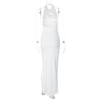Slit halter sleeveless solid backless ruched maxi dress