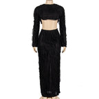Textured self tie solid backless ruffle maxi skirt set