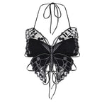 Butterfly pattern embroidery halter self tie backless crop top