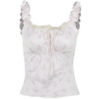 Flower print contrast sleeveless lace hem ruched top
