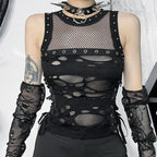 Crewneck fishnet buckle hollow out lace up tank cut out top  | Festival Outfits Women