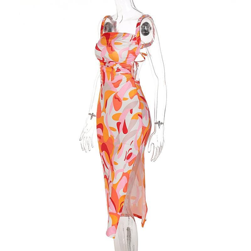 Sleeveless contrast print slit backless self tie hollow out midi dress