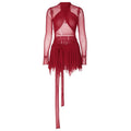 Long sleeve ruffle ruched cross front halter sheer mesh mini dress