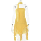 Mesh ruffle ribbon irregular solid backless tube mini dress