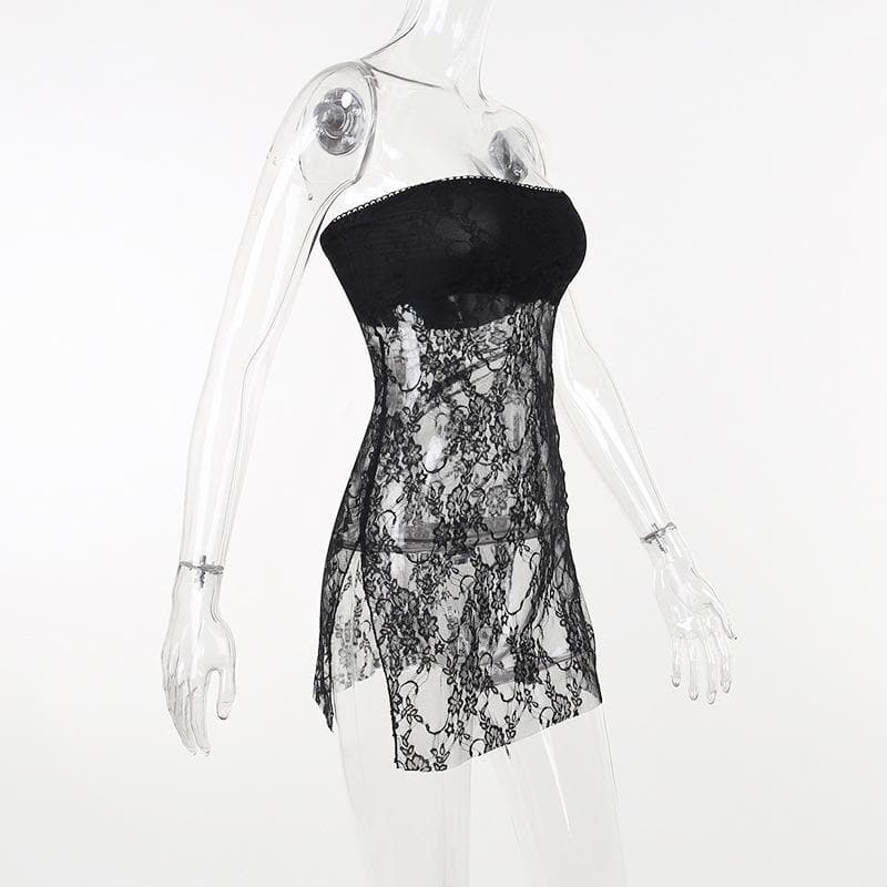 Lace see through solid slit backless tube dress - Final Sale