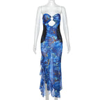 Mesh see through hollow out o ring contrast print ruffle maxi dress
