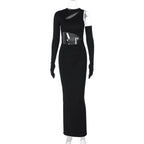 Long sleeve gloves irregular hollow out crewneck maxi dress