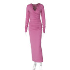 Ruched solid long sleeve v neck hoodie maxi dress