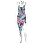 Ruffle halter irregular tie dye contrast backless mini dress