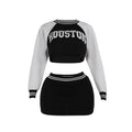 Long sleeve crewneck letter pattern crop mini skirt set  | Festival Outfits Women