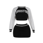 Long sleeve crewneck letter pattern crop mini skirt set  | Festival Outfits Women
