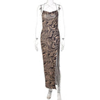 Ripple contrast print cross back slit cowl neck backless midi dress
