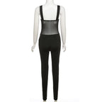 Button mesh patchwork ruched backless cami jumpsuit  | Festival Outfits Women