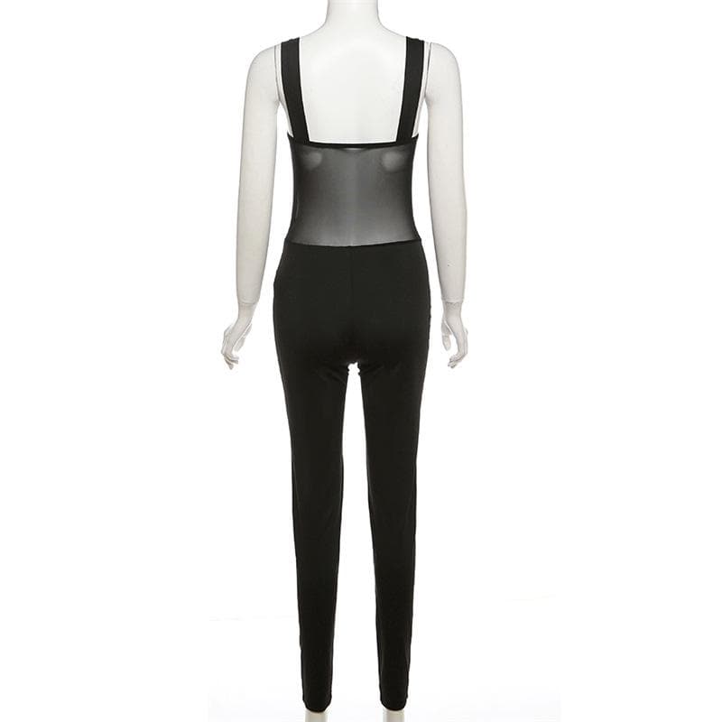 Button mesh patchwork ruched backless cami jumpsuit  | Festival Outfits Women
