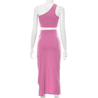 Ribbed solid one shoulder hollow out slit irregular midi dress