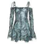 Long sleeve tie dye off shoulder ruched sweetheart neck self tie backless mini dress